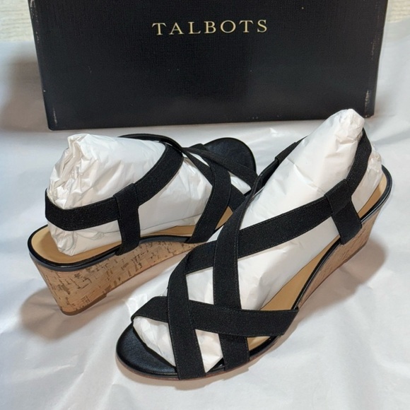 Talbots Black Royce Elastic straps sling back wedge cork heels sandals Sz 9M new - Picture 1 of 7
